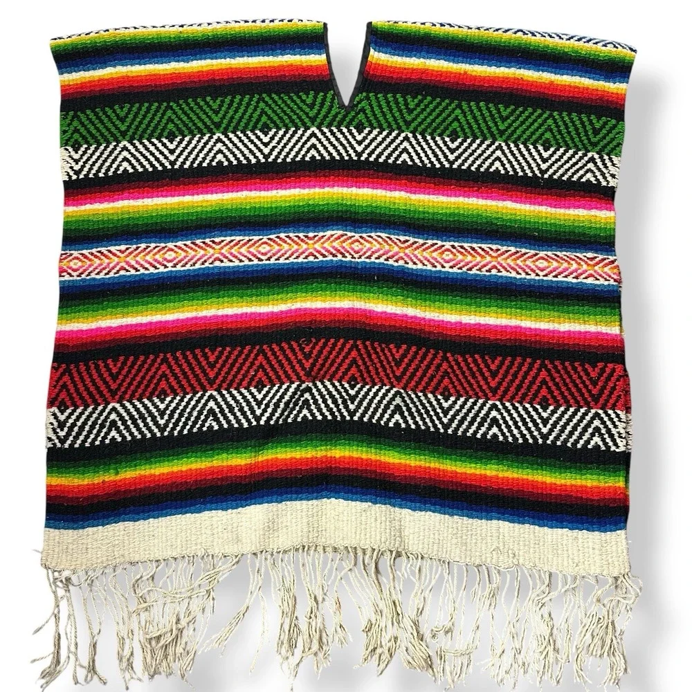 Vintage Mexican Serape Poncho Large Heavy‎ Textile Woven Wool 70x74 w/ Fringe
